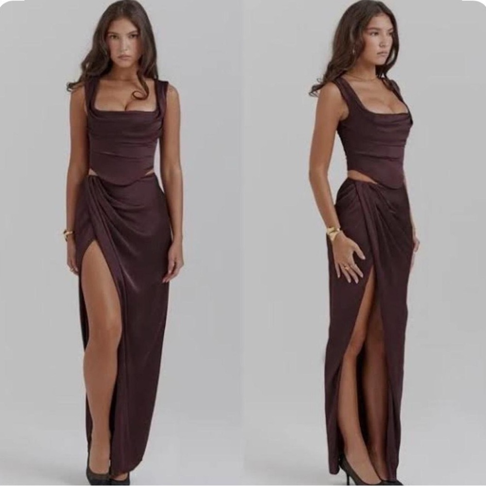 House of CB Deep Brown Cutout Draped Maxi Dress